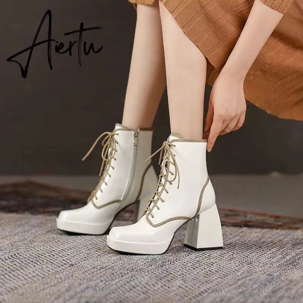 Aiertu  Thick Heel  Boots Autumn Winter New Fashion Side Zipper Lace Non-slip Waterproof Platform Thick-soled Women's Boots ANKLE Aiertu