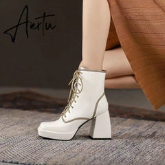 Aiertu  Thick Heel  Boots Autumn Winter New Fashion Side Zipper Lace Non-slip Waterproof Platform Thick-soled Women's Boots ANKLE Aiertu
