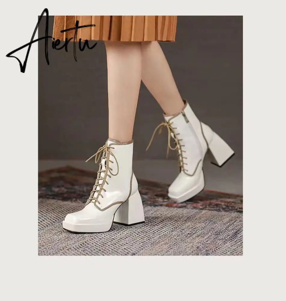 Aiertu  Thick Heel  Boots Autumn Winter New Fashion Side Zipper Lace Non-slip Waterproof Platform Thick-soled Women's Boots ANKLE Aiertu