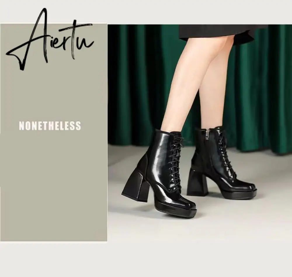 Aiertu  Thick Heel  Boots Autumn Winter New Fashion Side Zipper Lace Non-slip Waterproof Platform Thick-soled Women's Boots ANKLE Aiertu