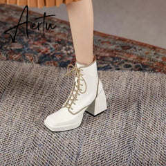 Aiertu  Thick Heel  Boots Autumn Winter New Fashion Side Zipper Lace Non-slip Waterproof Platform Thick-soled Women's Boots ANKLE Aiertu