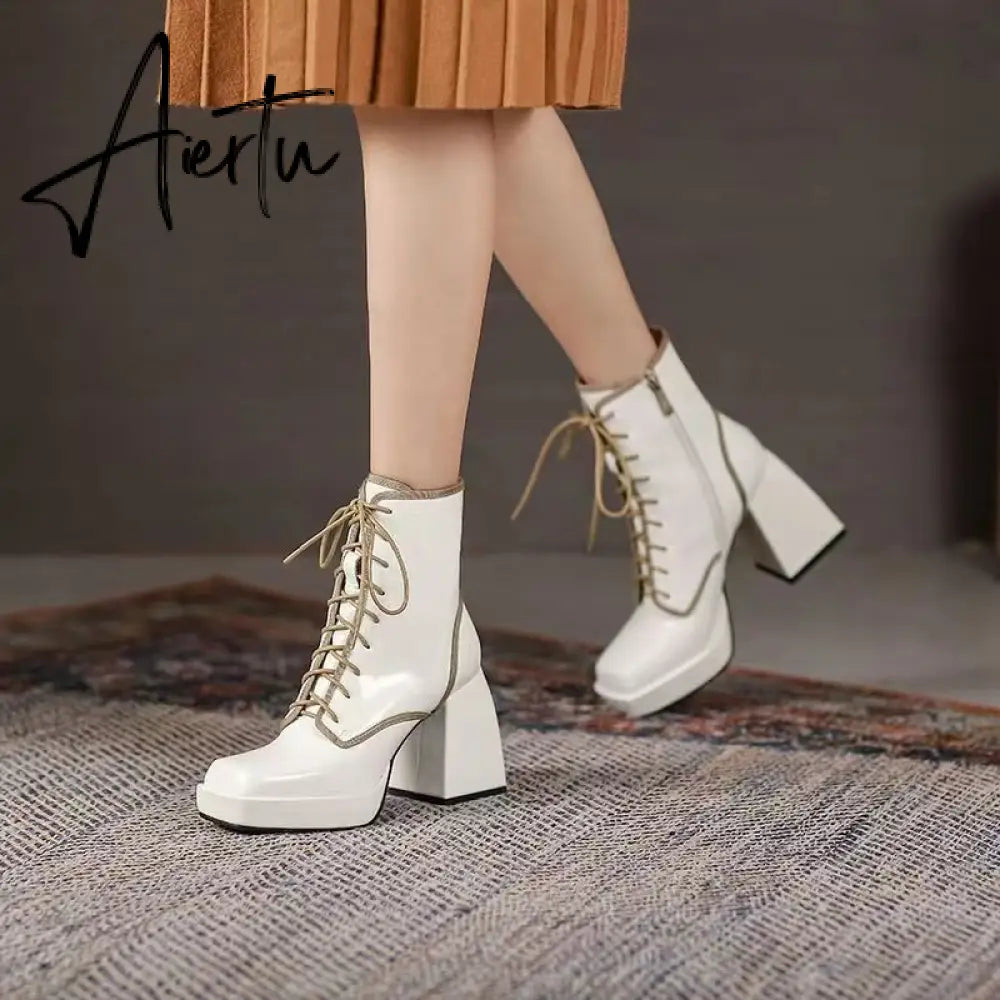 Aiertu  Thick Heel  Boots Autumn Winter New Fashion Side Zipper Lace Non-slip Waterproof Platform Thick-soled Women's Boots ANKLE Aiertu