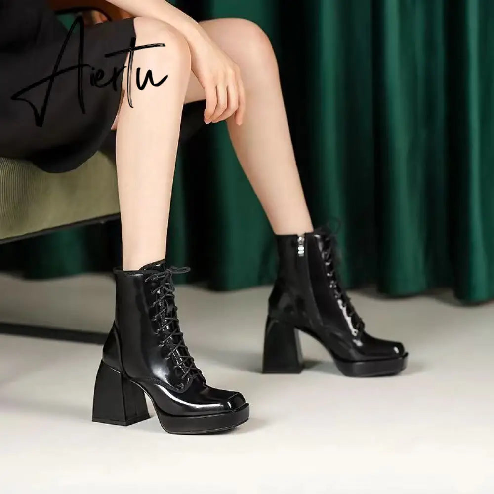 Aiertu  Thick Heel  Boots Autumn Winter New Fashion Side Zipper Lace Non-slip Waterproof Platform Thick-soled Women's Boots ANKLE Aiertu