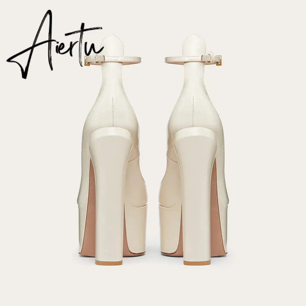 Aiertu  Thick Sole Leather Pumps Women Super High Heel Rome Sandals Summer Fashion Week Bride Shoes Platform Wedding Party Shoes Mujer Aiertu