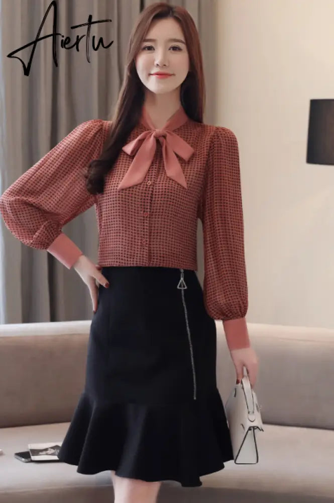 Aiertu  tops and blouses long sleeve women shirts fashion bow collor office blouse women plaid chiffon shirt female top Plus size Aiertu