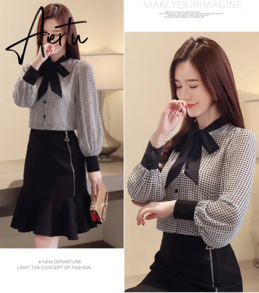 Aiertu  tops and blouses long sleeve women shirts fashion bow collor office blouse women plaid chiffon shirt female top Plus size Aiertu