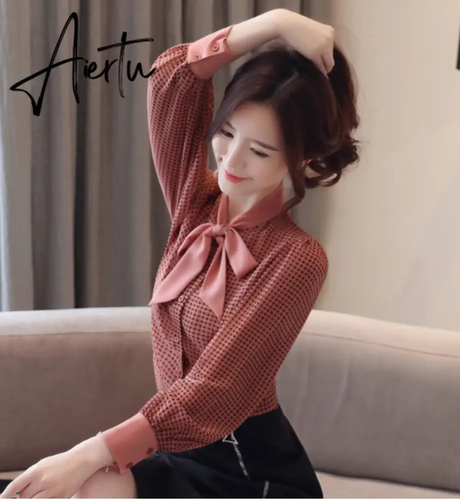 Aiertu  tops and blouses long sleeve women shirts fashion bow collor office blouse women plaid chiffon shirt female top Plus size Aiertu
