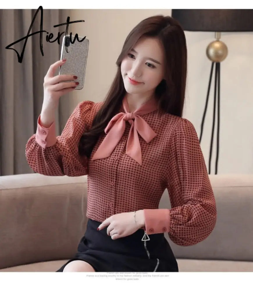 Aiertu  tops and blouses long sleeve women shirts fashion bow collor office blouse women plaid chiffon shirt female top Plus size Aiertu