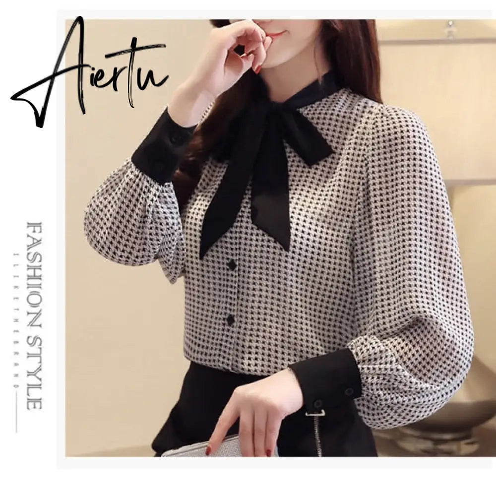 Aiertu  tops and blouses long sleeve women shirts fashion bow collor office blouse women plaid chiffon shirt female top Plus size Aiertu