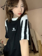 Aiertu Trendy Summer Loose Casual T-Shirt All Match Contrast Color Patchwork Tshirts Women Grunge Letter Print Tee Shirts Y2k Aesthetic Aiertu