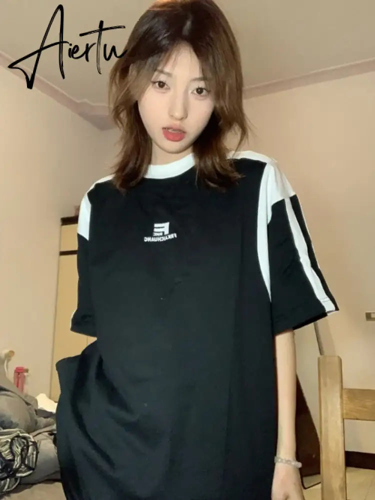 Aiertu Trendy Summer Loose Casual T-Shirt All Match Contrast Color Patchwork Tshirts Women Grunge Letter Print Tee Shirts Y2k Aesthetic Aiertu