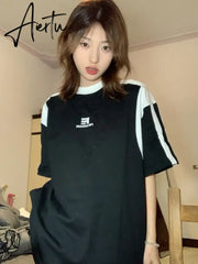 Aiertu Trendy Summer Loose Casual T-Shirt All Match Contrast Color Patchwork Tshirts Women Grunge Letter Print Tee Shirts Y2k Aesthetic Aiertu