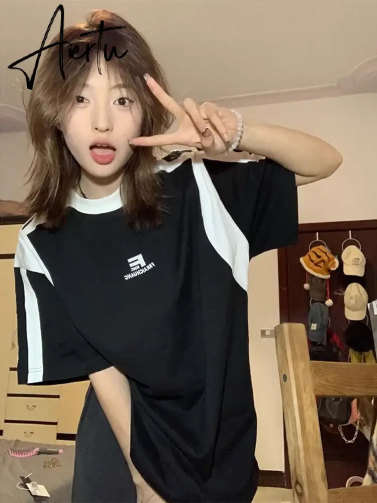 Aiertu Trendy Summer Loose Casual T-Shirt All Match Contrast Color Patchwork Tshirts Women Grunge Letter Print Tee Shirts Y2k Aesthetic Aiertu