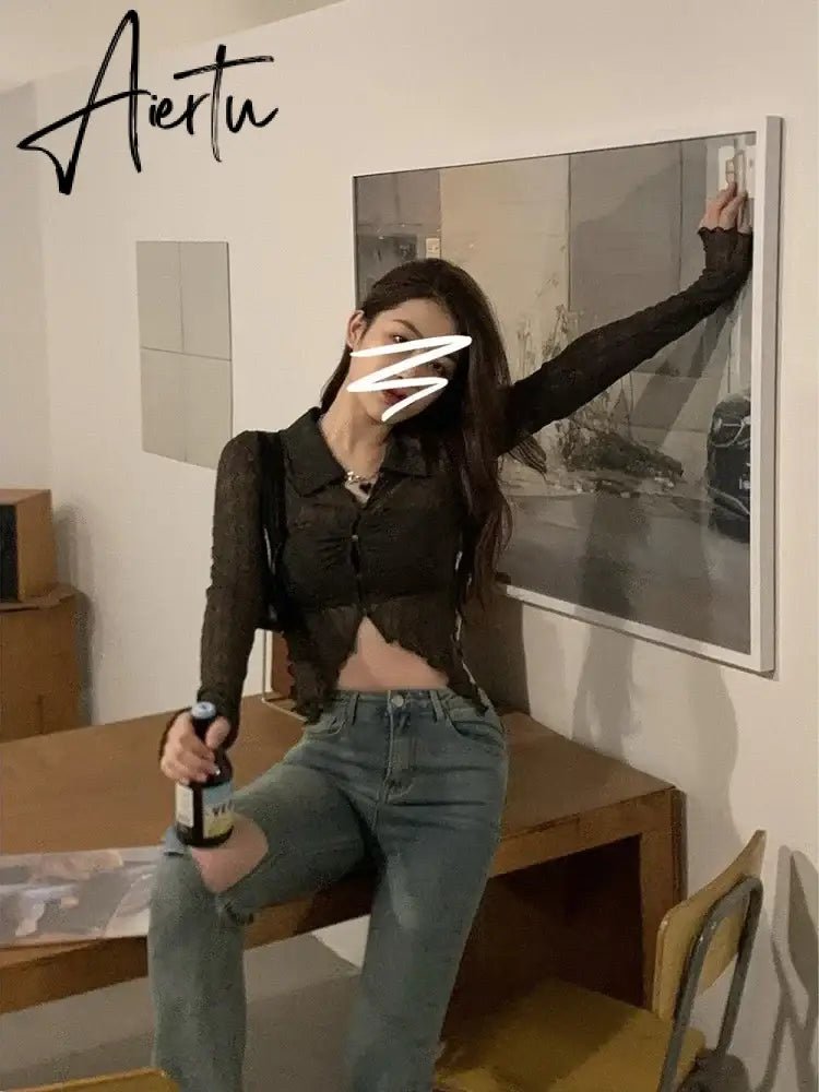 Aiertu Turn-down Collar Long Sleeve Blouse Women Aesthetic Hollow Thin See Through Sexy Irregular Shirt Korean Fashion Ropa Aiertu