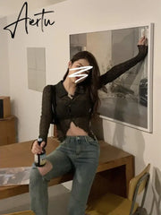 Aiertu Turn-down Collar Long Sleeve Blouse Women Aesthetic Hollow Thin See Through Sexy Irregular Shirt Korean Fashion Ropa Aiertu
