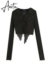 Aiertu Turn-down Collar Long Sleeve Blouse Women Aesthetic Hollow Thin See Through Sexy Irregular Shirt Korean Fashion Ropa Aiertu