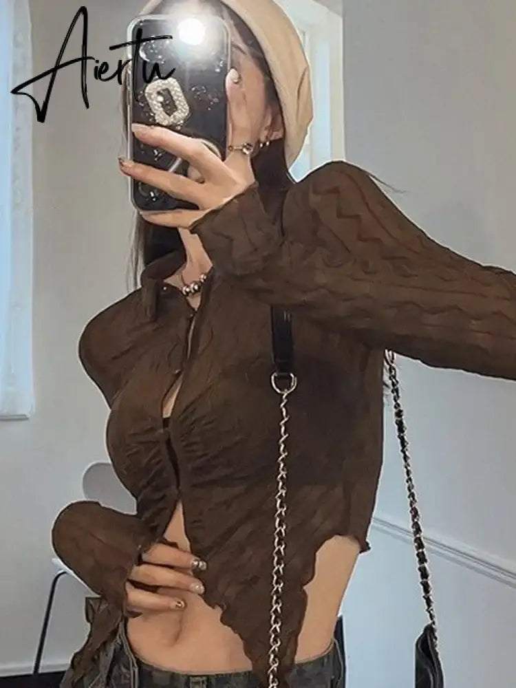 Aiertu Turn-down Collar Long Sleeve Blouse Women Aesthetic Hollow Thin See Through Sexy Irregular Shirt Korean Fashion Ropa Aiertu