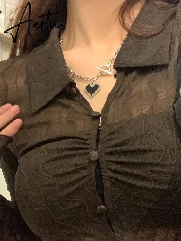 Aiertu Turn-down Collar Long Sleeve Blouse Women Aesthetic Hollow Thin See Through Sexy Irregular Shirt Korean Fashion Ropa Aiertu