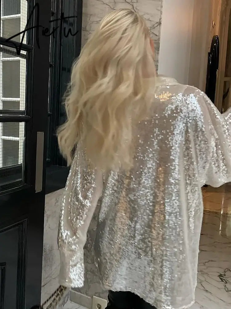 Aiertu Turn-down Collar Sequin Woman Blouses White Long Sleeve Casual Elegant Blouses Women Spring Loose Fashion Plus Size Tops Aiertu