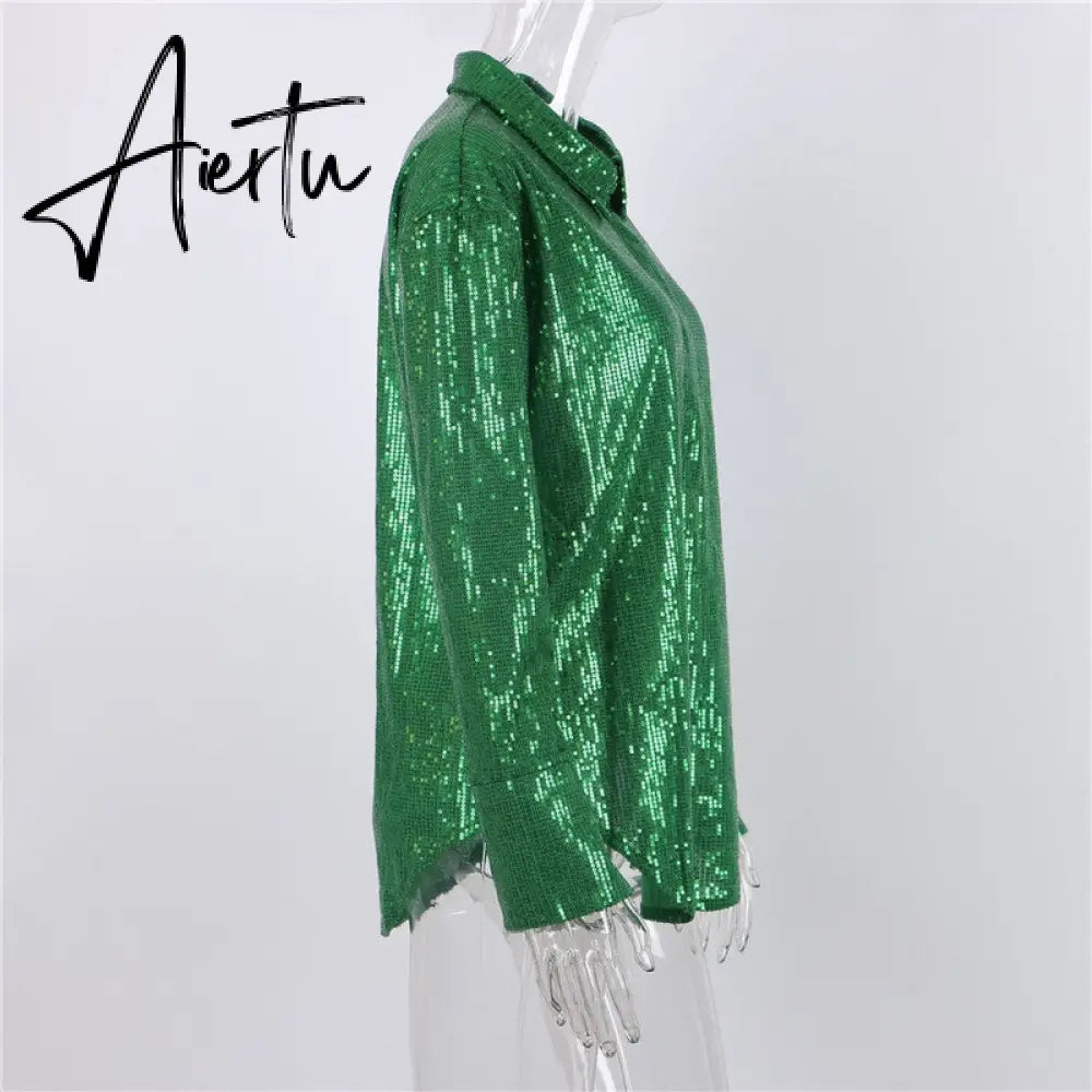 Aiertu Turn-down Collar Sequin Woman Blouses White Long Sleeve Casual Elegant Blouses Women Spring Loose Fashion Plus Size Tops Aiertu