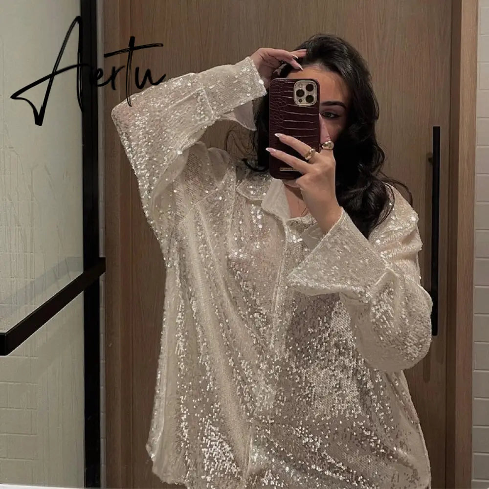 Aiertu Turn-down Collar Sequin Woman Blouses White Long Sleeve Casual Elegant Blouses Women Spring Loose Fashion Plus Size Tops Aiertu