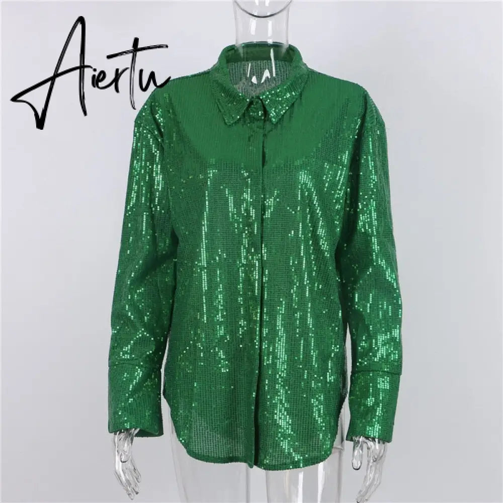 Aiertu Turn-down Collar Sequin Woman Blouses White Long Sleeve Casual Elegant Blouses Women Spring Loose Fashion Plus Size Tops Aiertu