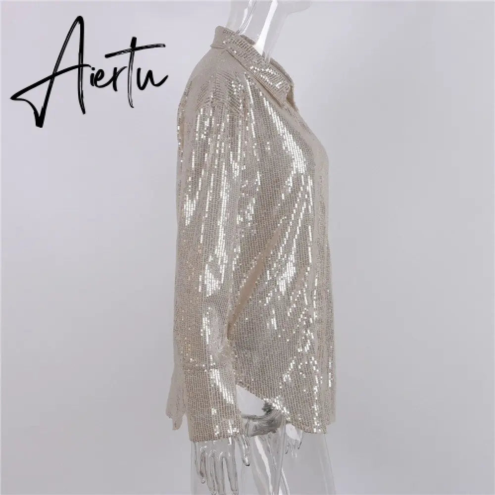 Aiertu Turn-down Collar Sequin Woman Blouses White Long Sleeve Casual Elegant Blouses Women Spring Loose Fashion Plus Size Tops Aiertu