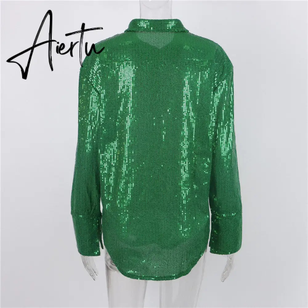 Aiertu Turn-down Collar Sequin Woman Blouses White Long Sleeve Casual Elegant Blouses Women Spring Loose Fashion Plus Size Tops Aiertu