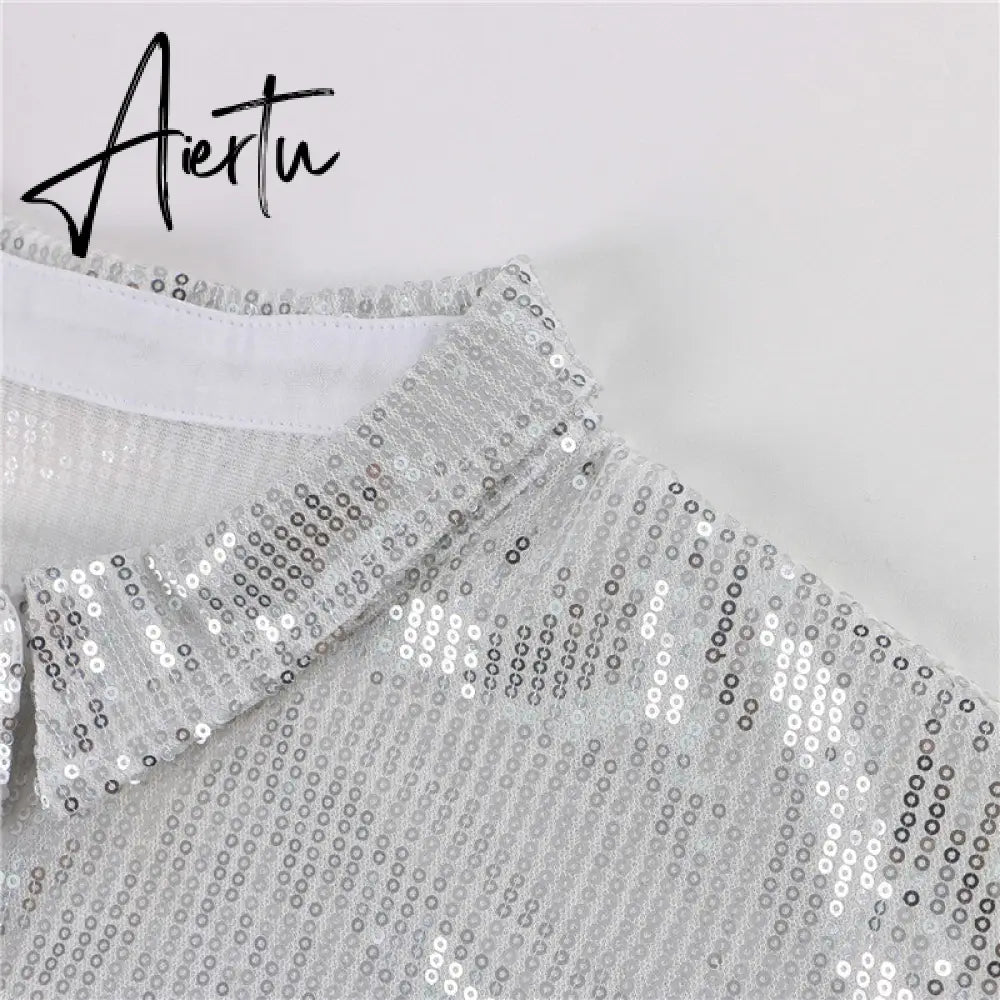 Aiertu Turn-down Collar Sequin Woman Blouses White Long Sleeve Casual Elegant Blouses Women Spring Loose Fashion Plus Size Tops Aiertu