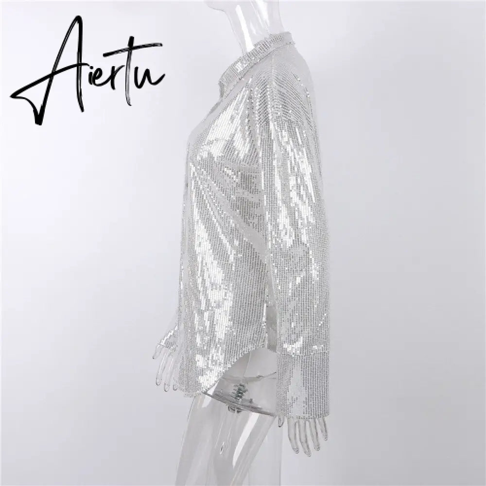 Aiertu Turn-down Collar Sequin Woman Blouses White Long Sleeve Casual Elegant Blouses Women Spring Loose Fashion Plus Size Tops Aiertu