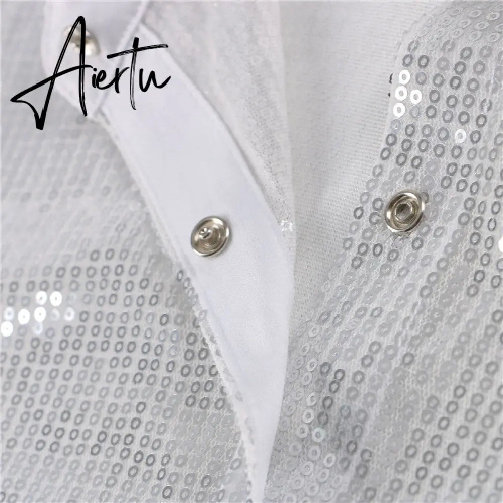 Aiertu Turn-down Collar Sequin Woman Blouses White Long Sleeve Casual Elegant Blouses Women Spring Loose Fashion Plus Size Tops Aiertu