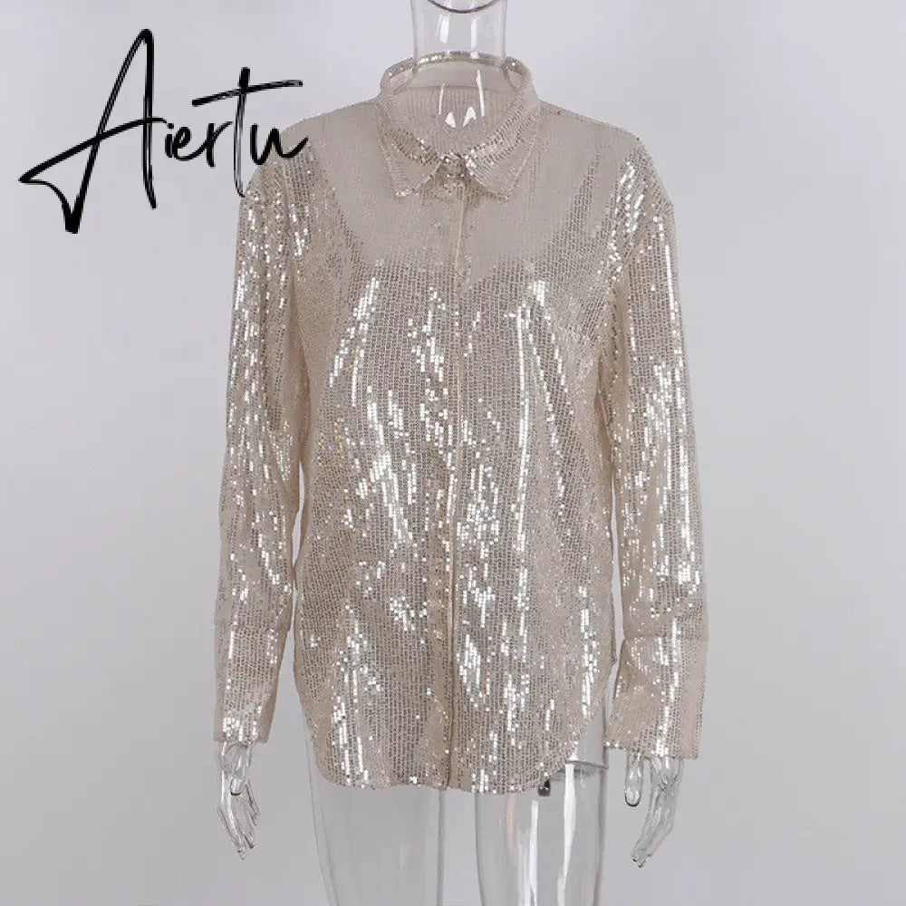 Aiertu Turn-down Collar Sequin Woman Blouses White Long Sleeve Casual Elegant Blouses Women Spring Loose Fashion Plus Size Tops Aiertu