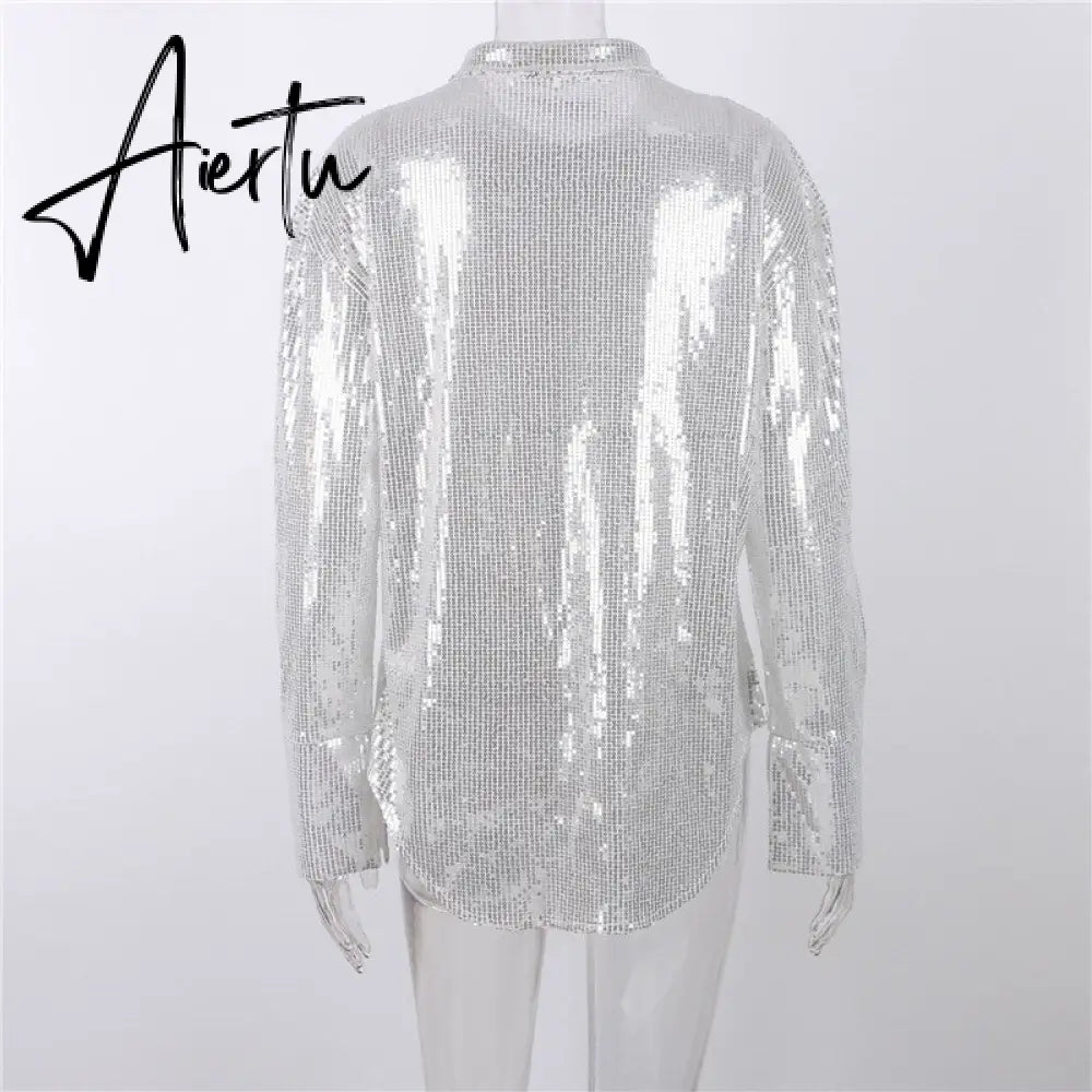 Aiertu Turn-down Collar Sequin Woman Blouses White Long Sleeve Casual Elegant Blouses Women Spring Loose Fashion Plus Size Tops Aiertu
