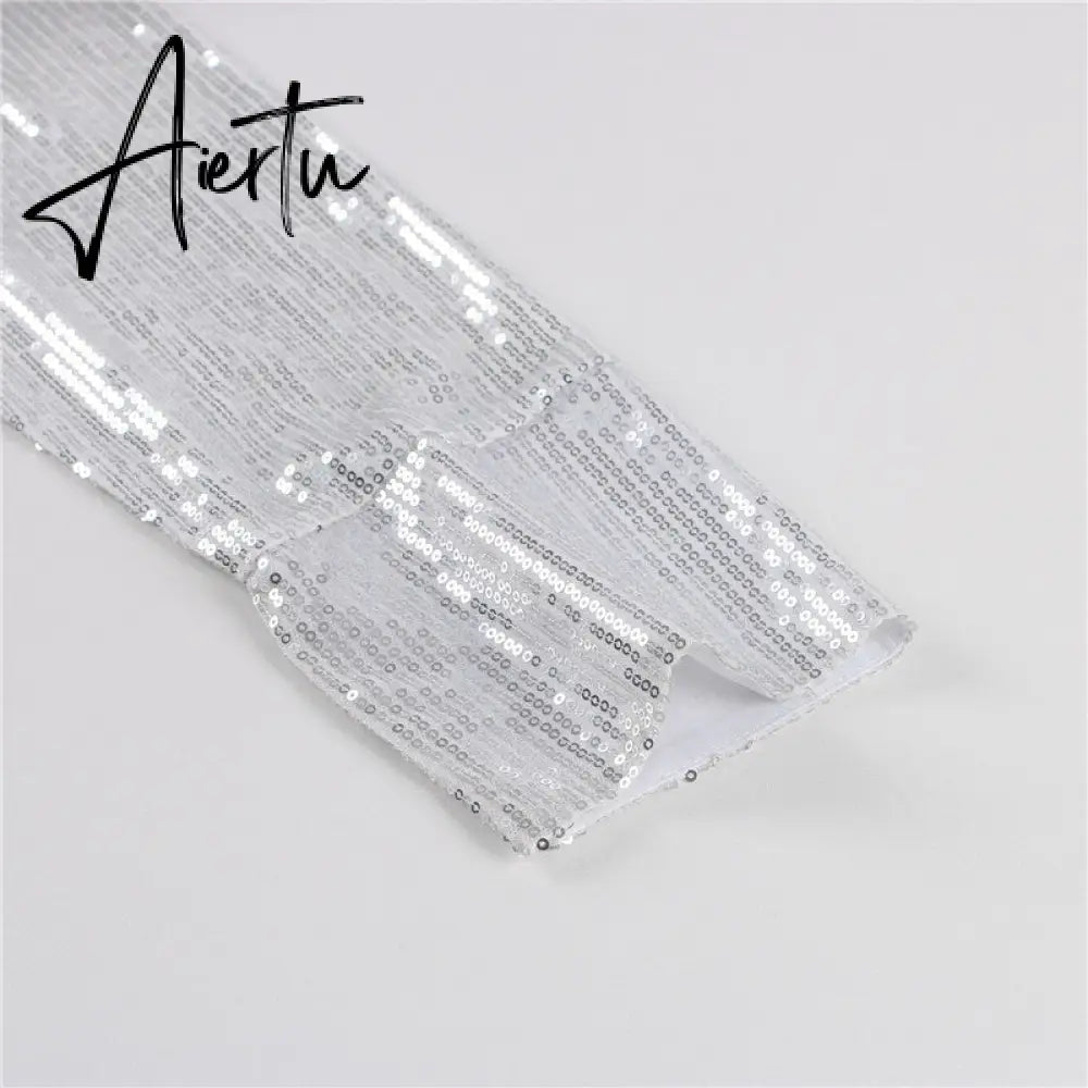 Aiertu Turn-down Collar Sequin Woman Blouses White Long Sleeve Casual Elegant Blouses Women Spring Loose Fashion Plus Size Tops Aiertu