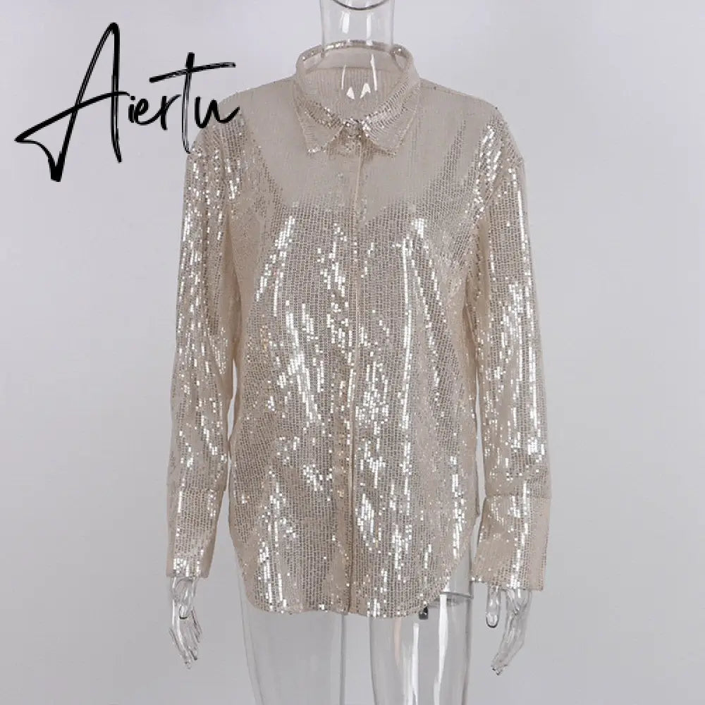 Aiertu Turn-down Collar Sequin Woman Blouses White Long Sleeve Casual Elegant Blouses Women Spring Loose Fashion Plus Size Tops Aiertu