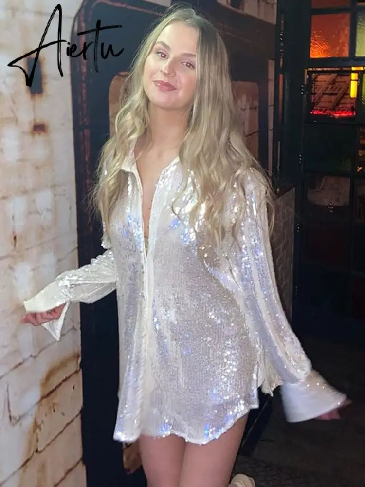 Aiertu Turn-down Collar Sequin Woman Blouses White Long Sleeve Casual Elegant Blouses Women Spring Loose Fashion Plus Size Tops Aiertu