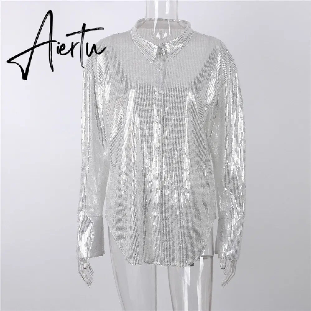 Aiertu Turn-down Collar Sequin Woman Blouses White Long Sleeve Casual Elegant Blouses Women Spring Loose Fashion Plus Size Tops Aiertu