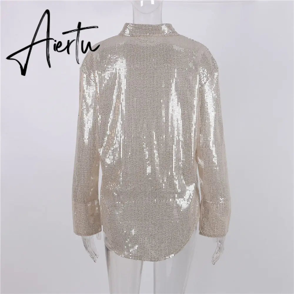 Aiertu Turn-down Collar Sequin Woman Blouses White Long Sleeve Casual Elegant Blouses Women Spring Loose Fashion Plus Size Tops Aiertu
