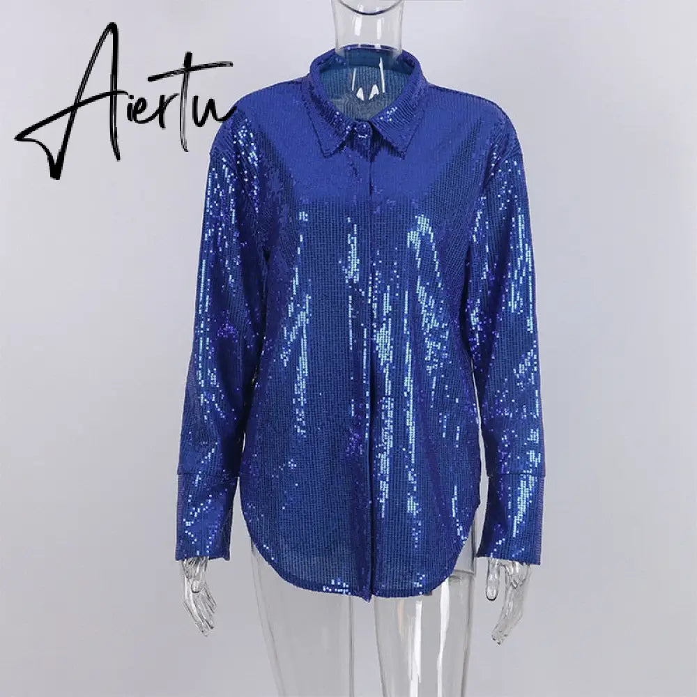 Aiertu Turn-down Collar Sequin Woman Blouses White Long Sleeve Casual Elegant Blouses Women Spring Loose Fashion Plus Size Tops Aiertu