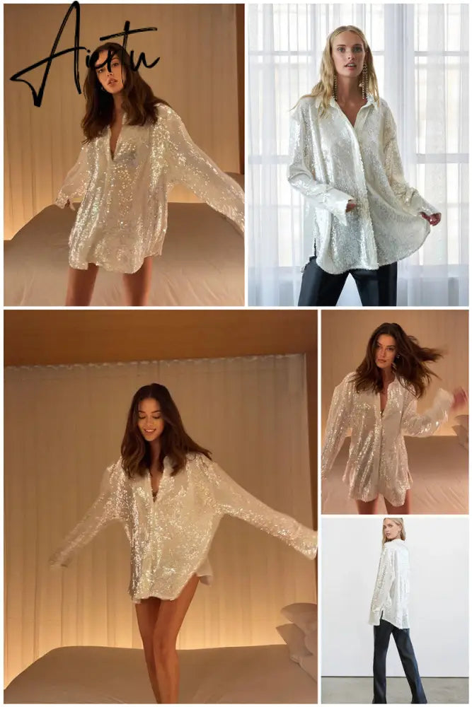 Aiertu Turn-down Collar Sequin Woman Blouses White Long Sleeve Casual Elegant Blouses Women Spring Loose Fashion Plus Size Tops Aiertu