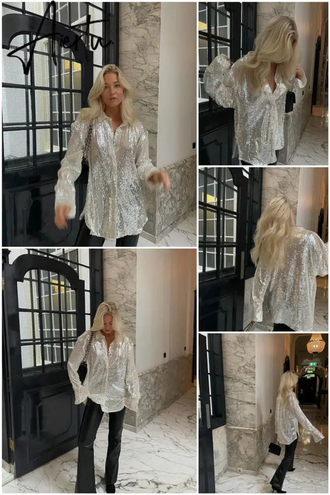 Aiertu Turn-down Collar Sequin Woman Blouses White Long Sleeve Casual Elegant Blouses Women Spring Loose Fashion Plus Size Tops Aiertu