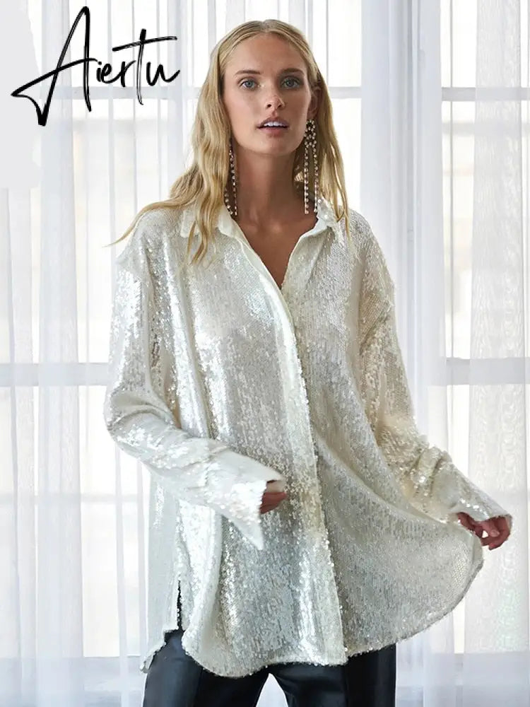 Aiertu Turn-down Collar Sequin Woman Blouses White Long Sleeve Casual Elegant Blouses Women Spring Loose Fashion Plus Size Tops Aiertu