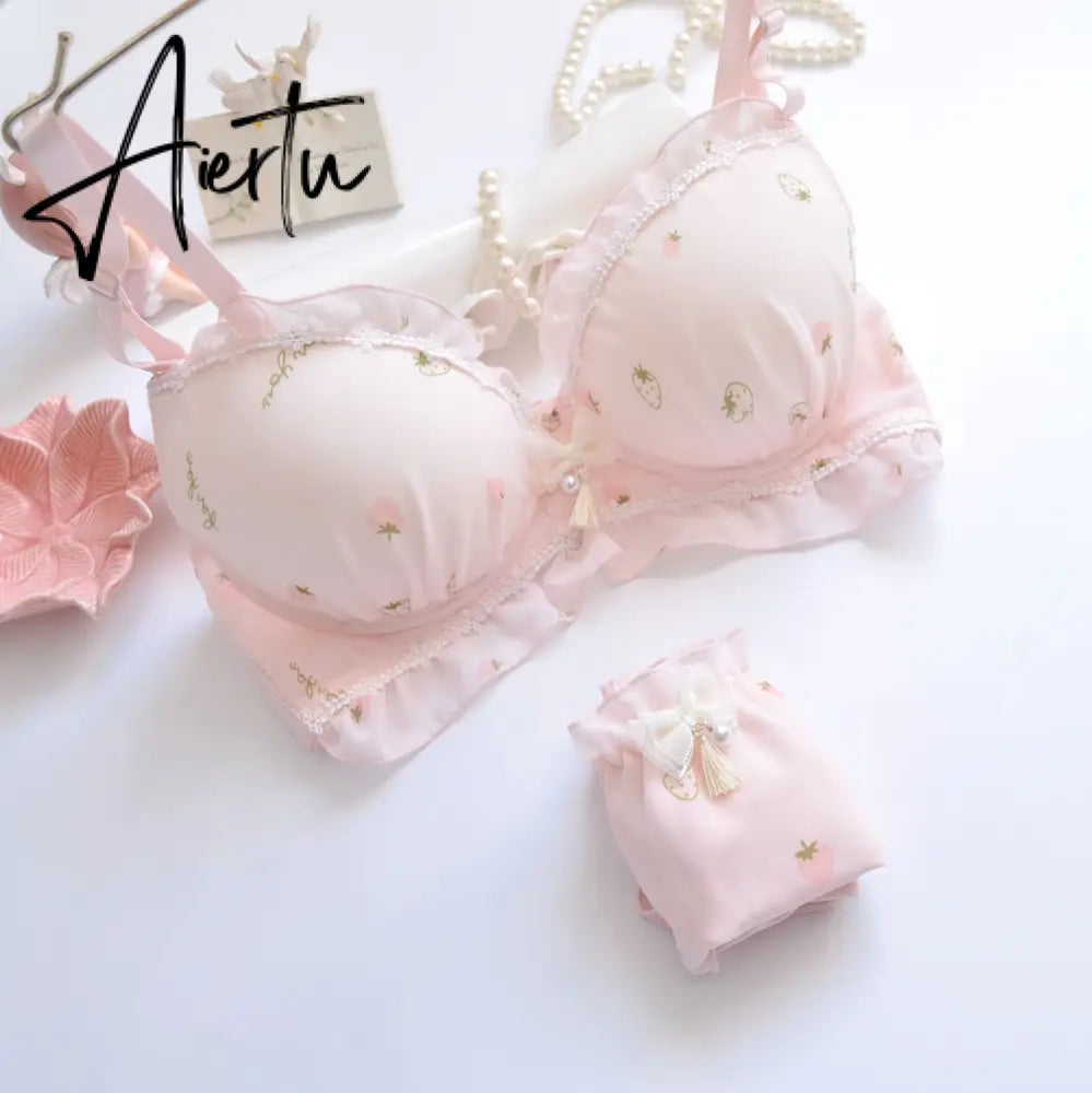 Aiertu Two-color Water-soluble Lingerie Embroidery Film Cup Bralette No Steel Ring Fresh and Girly Cute Gather Underwear Bra Set Aiertu
