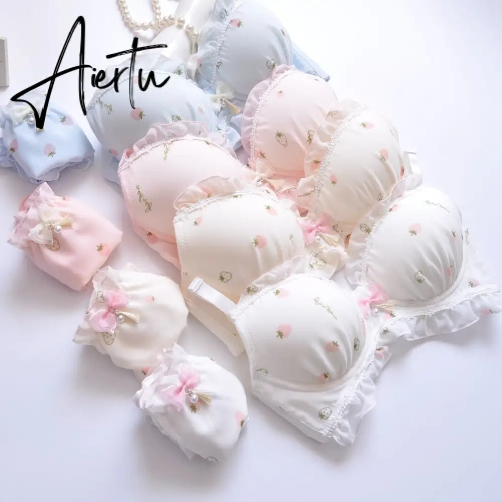 Aiertu Two-color Water-soluble Lingerie Embroidery Film Cup Bralette No Steel Ring Fresh and Girly Cute Gather Underwear Bra Set Aiertu