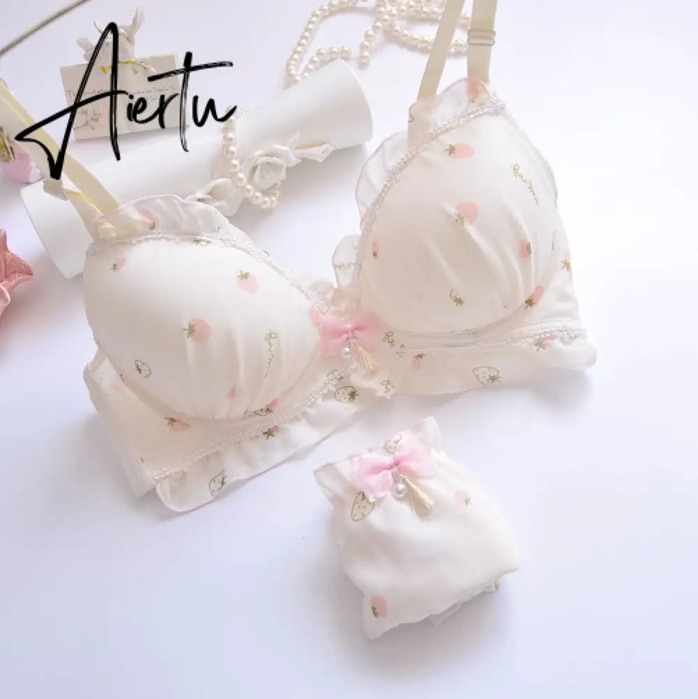 Aiertu Two-color Water-soluble Lingerie Embroidery Film Cup Bralette No Steel Ring Fresh and Girly Cute Gather Underwear Bra Set Aiertu