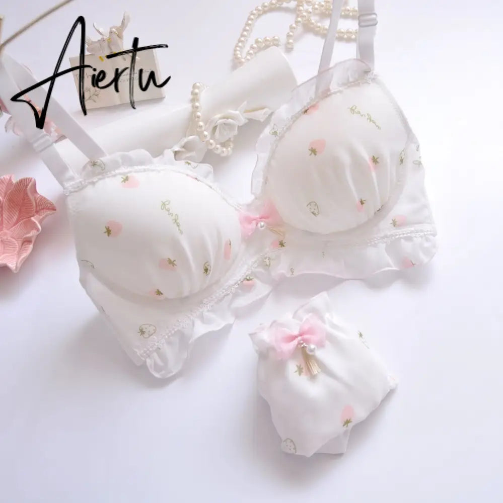 Aiertu Two-color Water-soluble Lingerie Embroidery Film Cup Bralette No Steel Ring Fresh and Girly Cute Gather Underwear Bra Set Aiertu