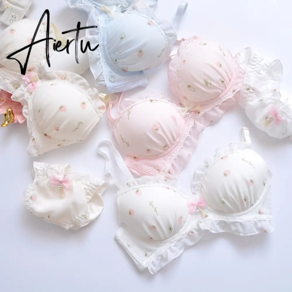 Aiertu Two-color Water-soluble Lingerie Embroidery Film Cup Bralette No Steel Ring Fresh and Girly Cute Gather Underwear Bra Set Aiertu