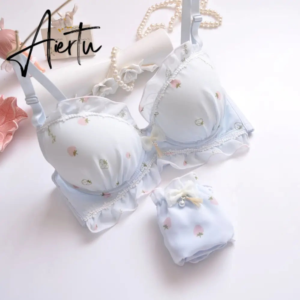 Aiertu Two-color Water-soluble Lingerie Embroidery Film Cup Bralette No Steel Ring Fresh and Girly Cute Gather Underwear Bra Set Aiertu