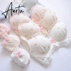 Aiertu Two-color Water-soluble Lingerie Embroidery Film Cup Bralette No Steel Ring Fresh and Girly Cute Gather Underwear Bra Set Aiertu
