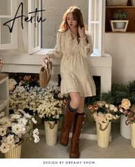 Aiertu Two Piece Autumn New Sweet Slim Dress Woman Ladies Elegant Loose Fashion Women Dress Chicly Street Apricot A-line Dresses Aiertu